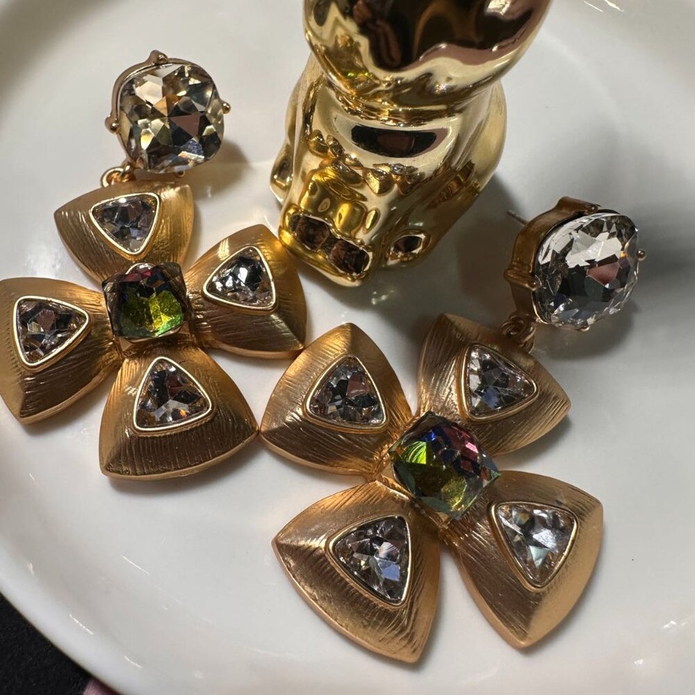 Vintage-Style Gold Cross Earrings with Clear Rhinestones & Color Shift Gem
